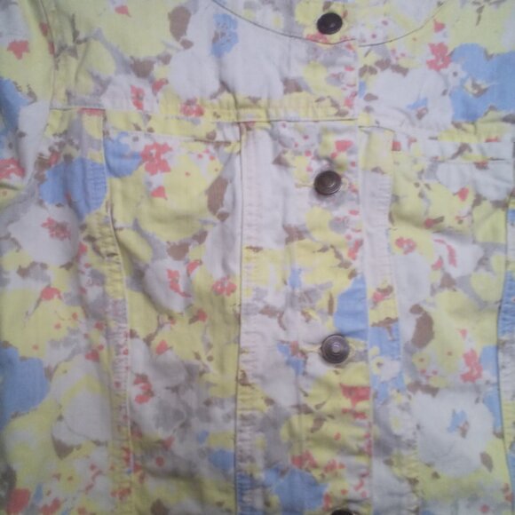 Liz Claiborne Denim Jacket Petite S Long Sleeve Button Up Floral Yellow Blue - Picture 8 of 16